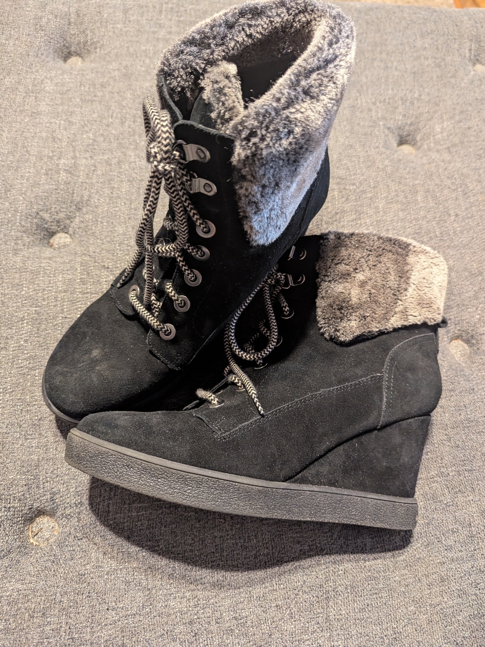 Women's Black Faux Suede Wedge Ankle Boots with Faux Fur Collar